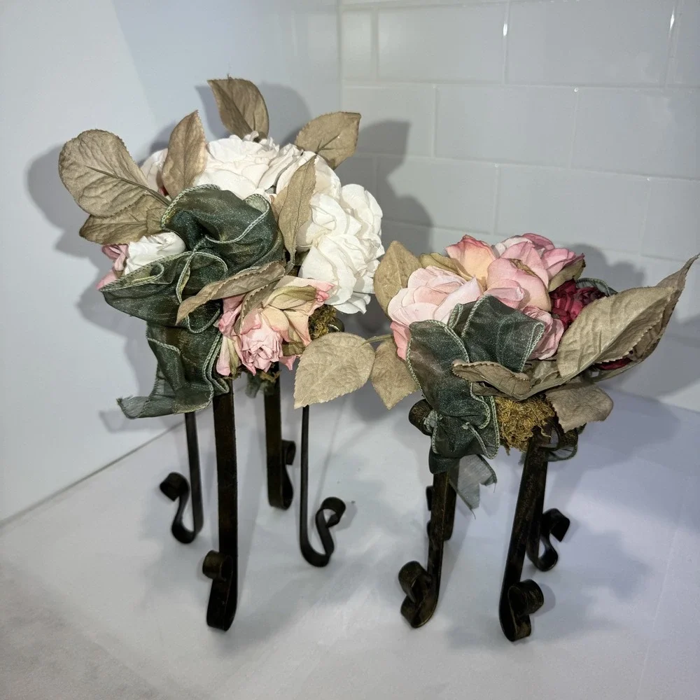 Artificial Pink/Dusty Rose/moss Flower FAUX Bouquet w Iron Legs Green Ribbon‎
